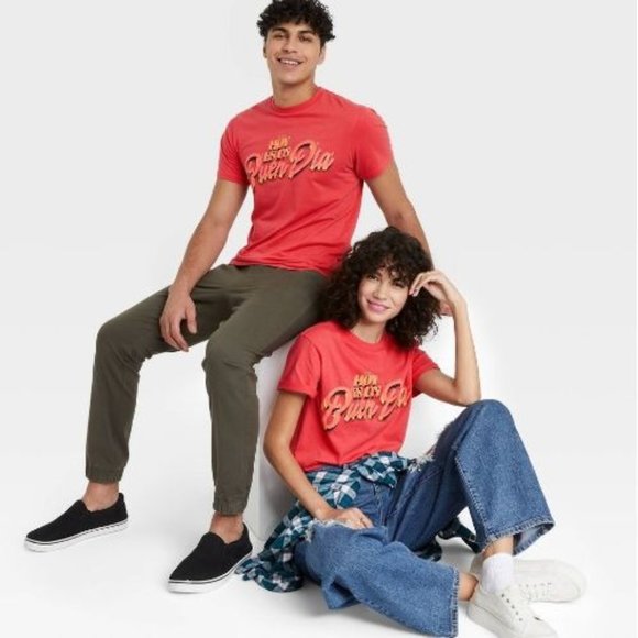 Latino Heritage Month Adult Gender Inclusive Buen Dia Short Sleeve T-Shirt - Red - Picture 1 of 7